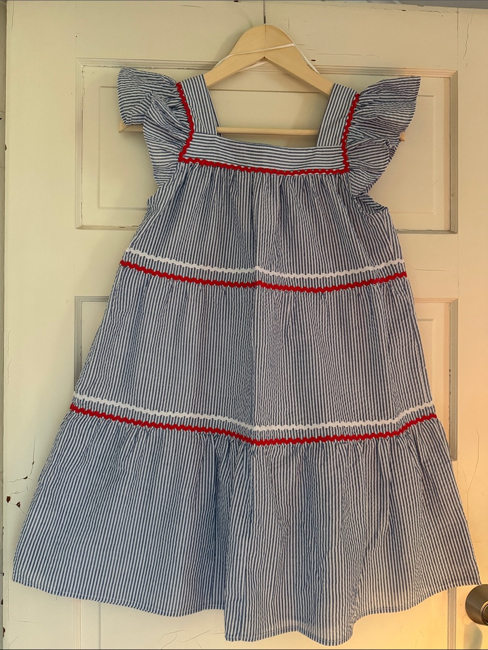 Francesca's Collections Blue and White Striped Dress with Red Trim